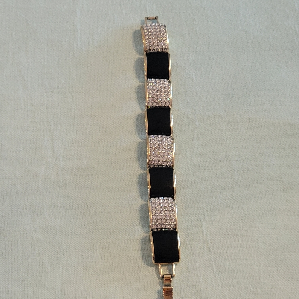 Vintage Swarovski Black Enamel and Swarovski Crystal Silver Tone Bracelet.
